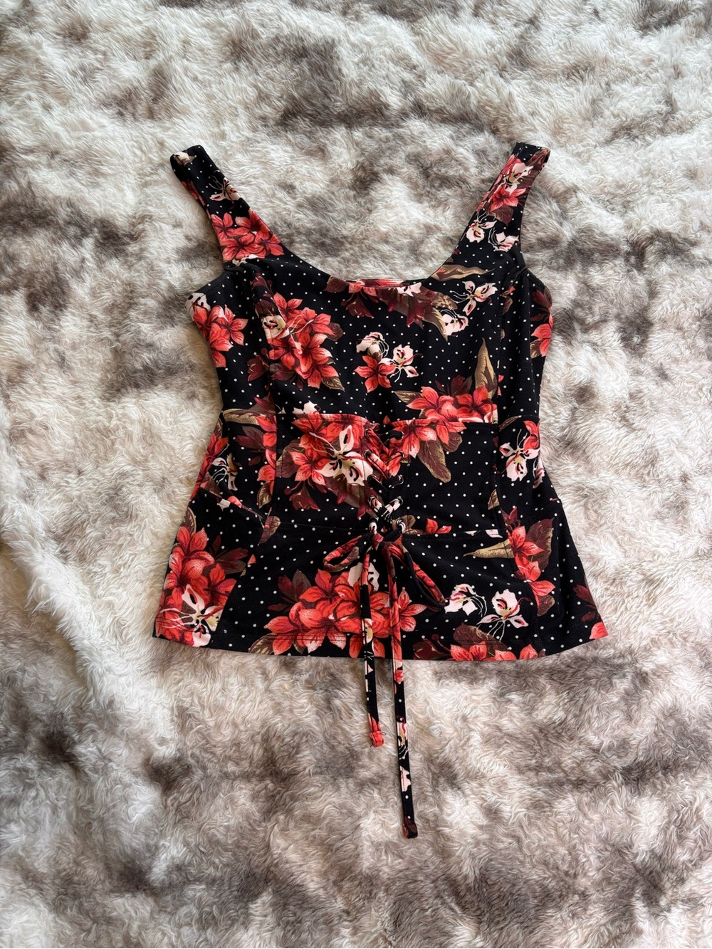 Vintage rare Y2K Hot Kiss Black Tank Top with Red Floral Print